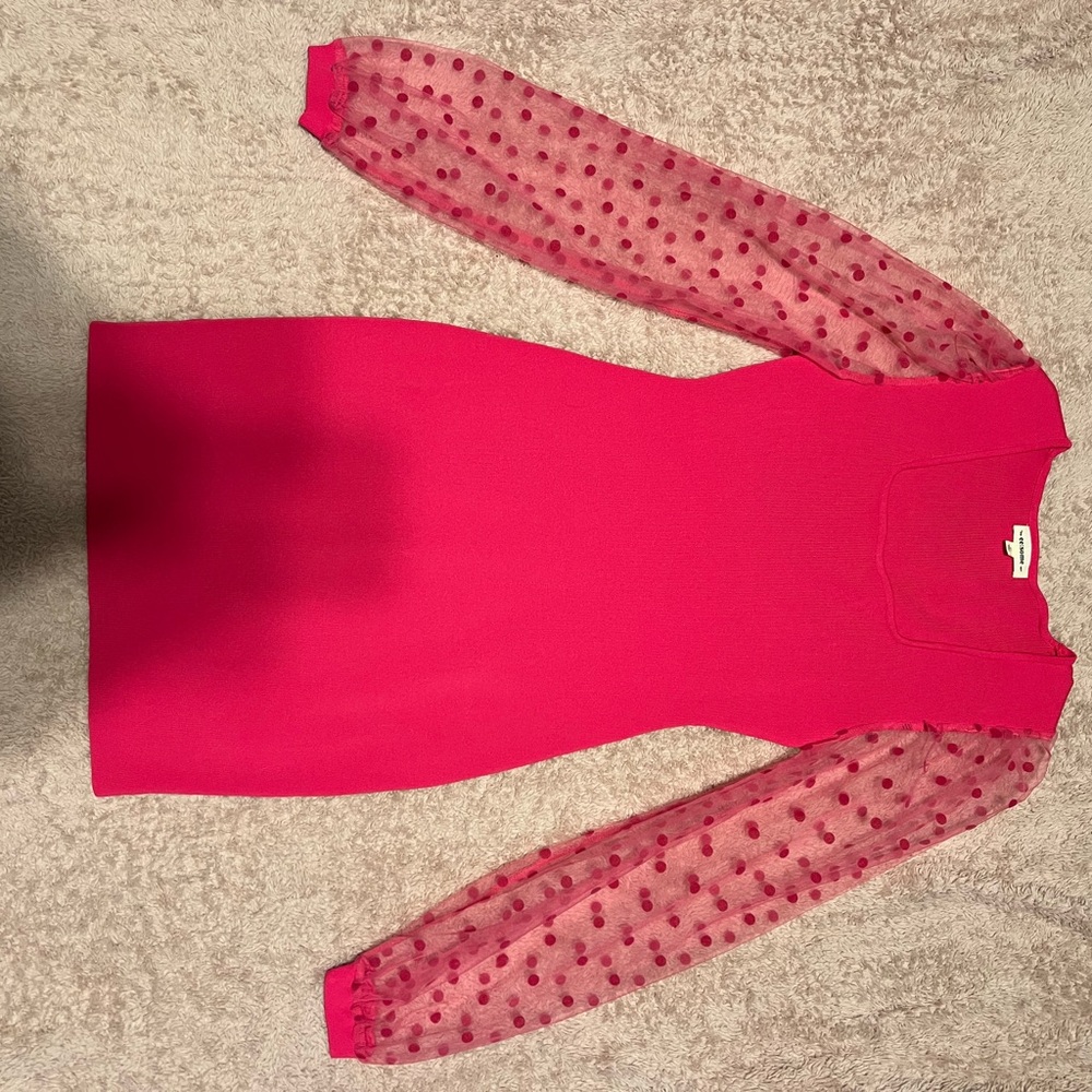 Eesome Red Mini Dress with Sheer Polka Dot Sleeves